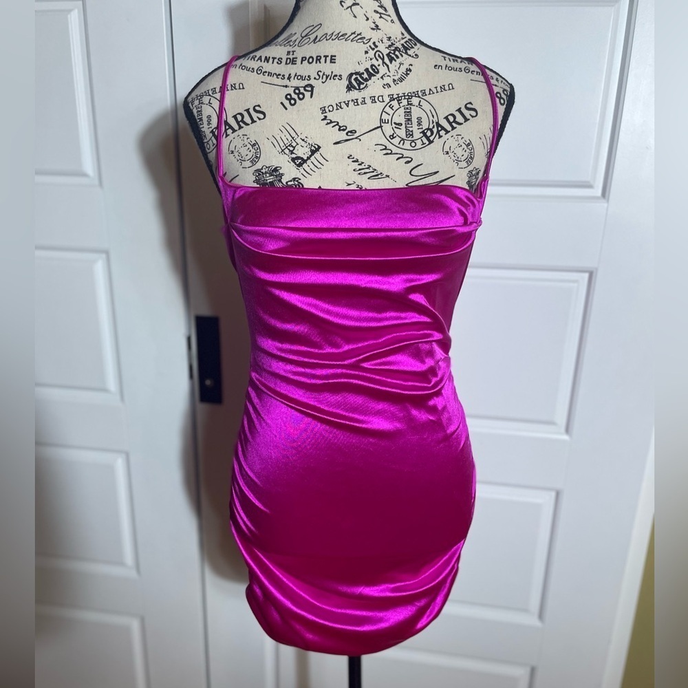 Lucy in the sky Hot Pink Fuschia Cowl Neck satin ruched mini dress - Picture 3 of 7